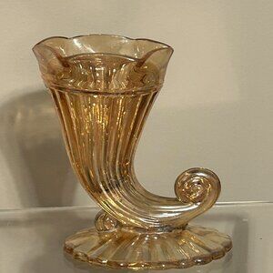 Vintage JEANNETTE Carnival Glass Iridescent Amber Cornucopia Vase